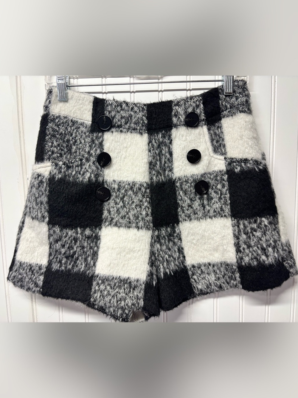 Mustard Seed Plaid Faux Fur Shorts Check Pattern Black & White Size Small